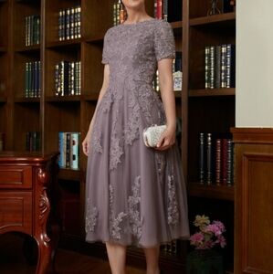 HEBEOS mother of the bride blush pink lace midi dress, size medium/large